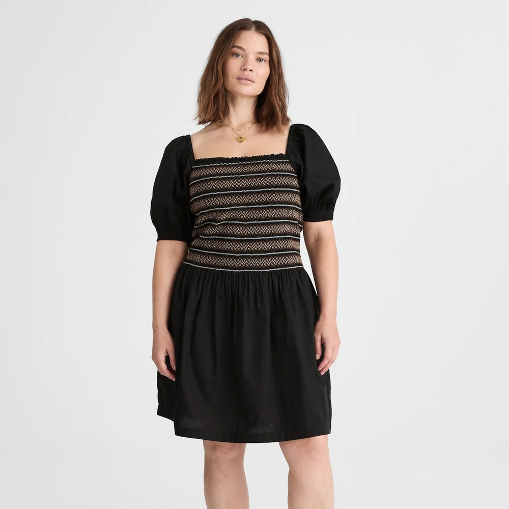 NWT Madewell Poplin Mini Dress Puff-Sleeve Square Neck Smocked Jet Black Sz XXS